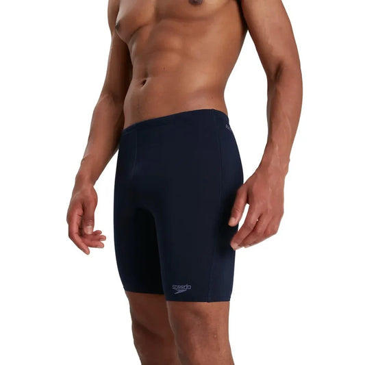 Speedo men's Eco Endurance+ navy blue jammer swimwear, close-up of fitted swim jammer with Speedo branding.