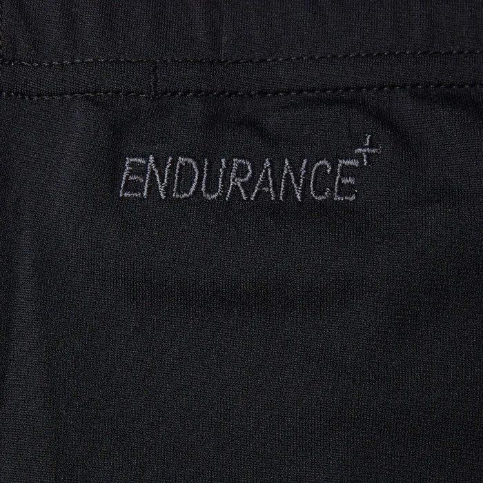 Speedo men's Eco Endurance+ jammer swimwear, close-up view showing black fabric with Speedo logo for competitive swimming