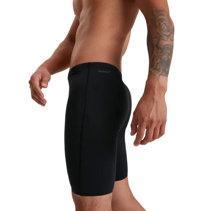 Speedo men's Eco Endurance+ swim jammer, black and blue with Speedo logo, designed for durability and performance in the pool.