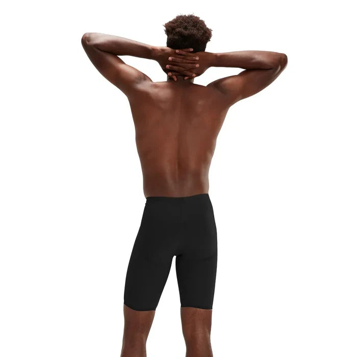 Speedo men's Fastskin LZR Ignite jammer in black, showcasing the sleek, snug fit and high-performance design for competitive swimming.