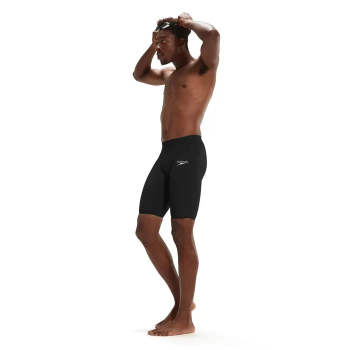 Speedo men's Fastskin LZR Ignite jammer in black, close-up of sleek, fitted swim jammers for competitive swimming.