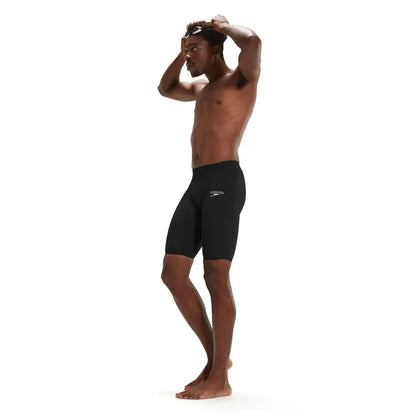 Speedo men's Fastskin LZR Ignite jammer in black, close-up of sleek, fitted swim jammers for competitive swimming.