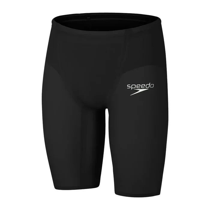 Speedo men's Fastskin LZR Ignite jammer in black, close-up view showing the sleek swimwear design and branding details.