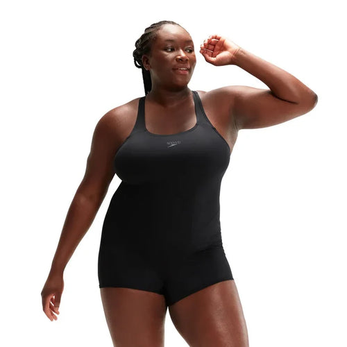 Black Speedo women's Eco Endurance+ legsuit, close-up of sleek, fitted swimwear designed for durability and performance.