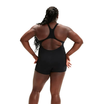 Speedo Women's Eco Endurance+ black legsuit, form-fitting swimwear with full coverage, designed for comfort and durability.