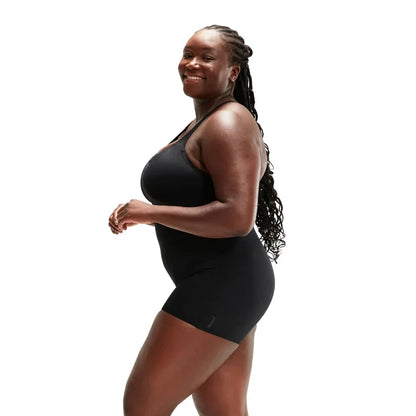 Black Speedo women's Eco Endurance+ legsuit, close-up of the sleek, fitted swim legsuit designed for performance and durability.