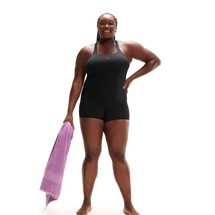 Black Speedo women's Eco Endurance+ legsuit, close-up of the sleek, durable swimwear designed for performance and comfort.