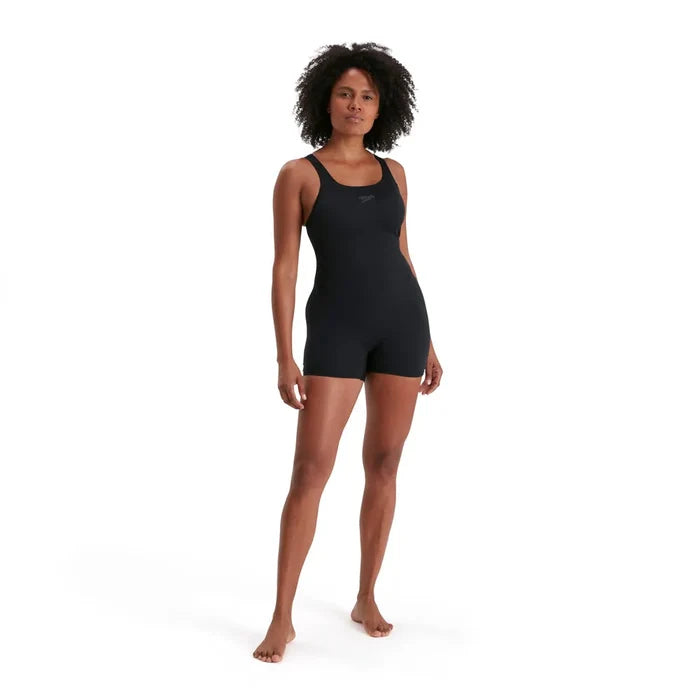 Black Speedo women's Eco Endurance+ legsuit, full-body swimwear with sleek design and durable fabric for swimming performance.
