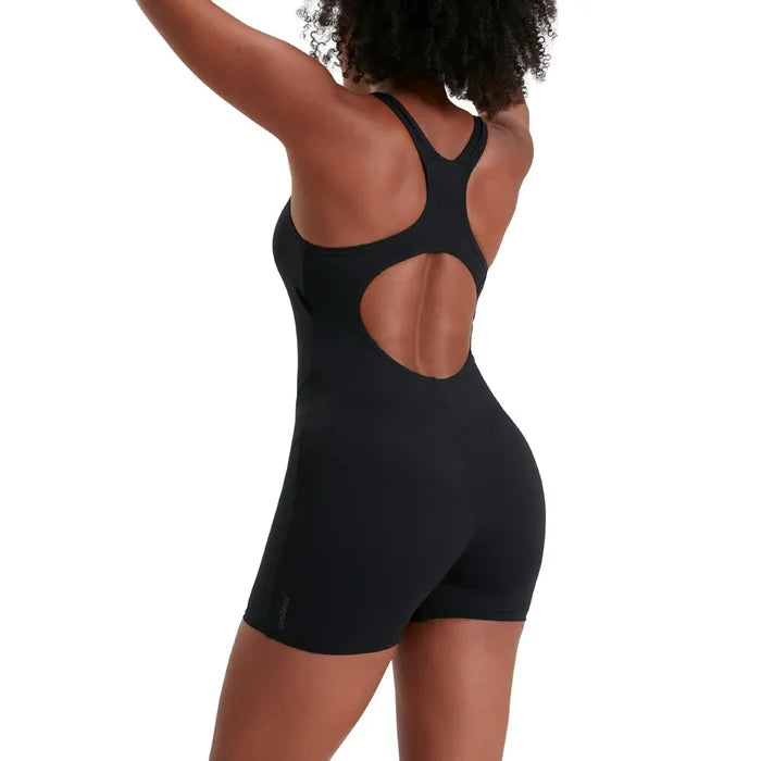 Speedo women's Eco Endurance+ black legsuit featuring a sleek, full-body design suitable for competitive swimming.