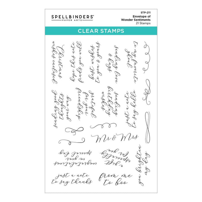 Spellbinders - Clear Stamp Set - Envelope Of Wonder -Sentiments Of Wonder. Envelope of Wonder Sentiments Clear Stamp Set are from the Envelope Full of Wonder Collection with a set of 21 clear images. Available at Embellish Away located in Bowmanville Ontario Canada.