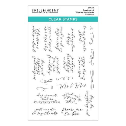 Spellbinders - Clear Stamp Set - Envelope Of Wonder -Sentiments Of Wonder. Envelope of Wonder Sentiments Clear Stamp Set are from the Envelope Full of Wonder Collection with a set of 21 clear images. Available at Embellish Away located in Bowmanville Ontario Canada.