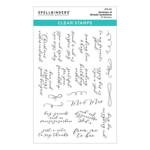 Spellbinders - Clear Stamp Set - Envelope Of Wonder -Sentiments Of Wonder. Envelope of Wonder Sentiments Clear Stamp Set are from the Envelope Full of Wonder Collection with a set of 21 clear images. Available at Embellish Away located in Bowmanville Ontario Canada.