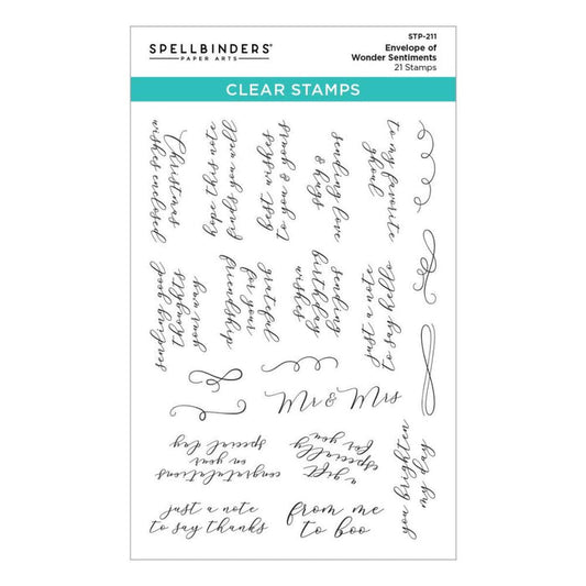 Spellbinders - Clear Stamp Set - Envelope Of Wonder -Sentiments Of Wonder. Envelope of Wonder Sentiments Clear Stamp Set are from the Envelope Full of Wonder Collection with a set of 21 clear images. Available at Embellish Away located in Bowmanville Ontario Canada.