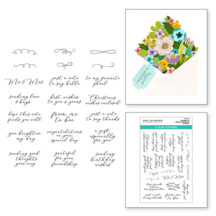 Spellbinders - Clear Stamp Set - Envelope Of Wonder -Sentiments Of Wonder. Envelope of Wonder Sentiments Clear Stamp Set are from the Envelope Full of Wonder Collection with a set of 21 clear images. Available at Embellish Away located in Bowmanville Ontario Canada.