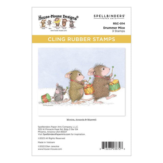Spellbinders - House Mouse - Cling Rubber Stamp - Drummer Mice. Drummer Mice Cling Rubber Stamp Set from House-Mouse Designs Holiday Collection and has a set of three stamps. Looking for an adorable marching drum parade? Available at Embellish Away located in Bowmanville Ontario Canada.
