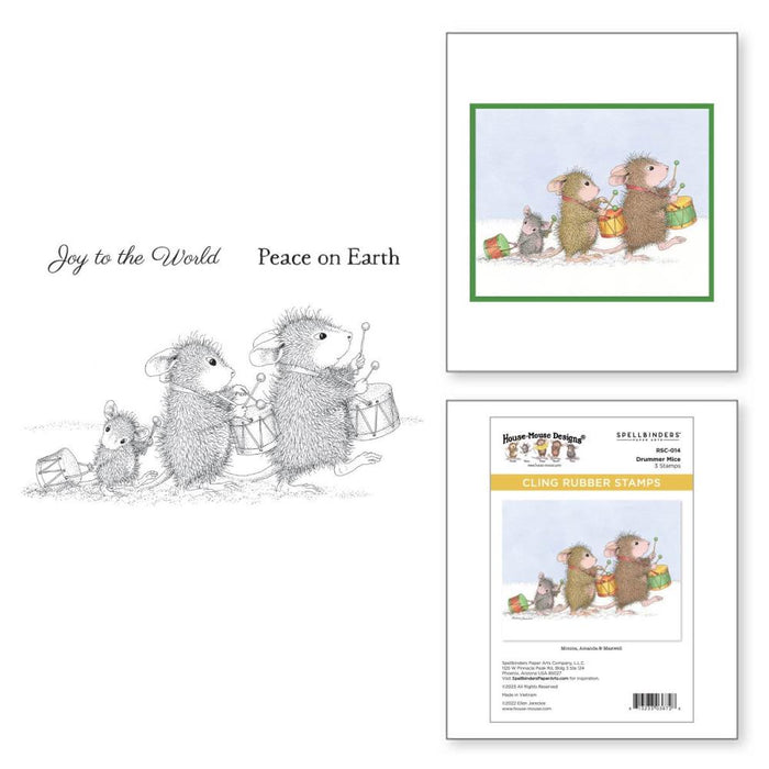 Spellbinders - House Mouse - Cling Rubber Stamp - Drummer Mice. Drummer Mice Cling Rubber Stamp Set from House-Mouse Designs Holiday Collection and has a set of three stamps. Looking for an adorable marching drum parade? Available at Embellish Away located in Bowmanville Ontario Canada.