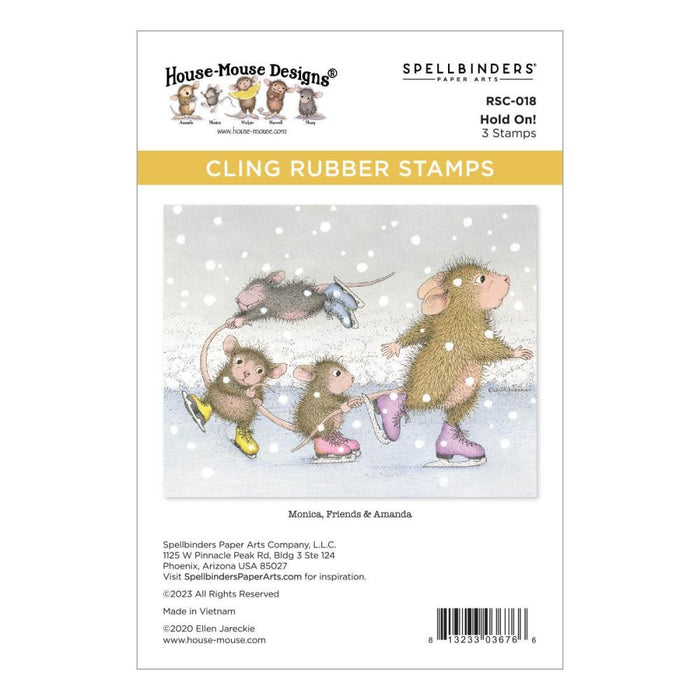 Spellbinders - House Mouse - Cling Rubber Stamp - Hold On! Hold On! Cling Rubber Stamp Set from House-Mouse Designs Holiday Collection with a set of three stamps. A playful group of mice on ice is so adorable! Available at Embellish Away located in Bowmanville Ontario Canada.