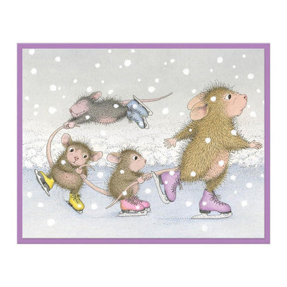 Spellbinders - House Mouse - Cling Rubber Stamp - Hold On! Hold On! Cling Rubber Stamp Set from House-Mouse Designs Holiday Collection with a set of three stamps. A playful group of mice on ice is so adorable! Available at Embellish Away located in Bowmanville Ontario Canada. Example by brand ambassador.