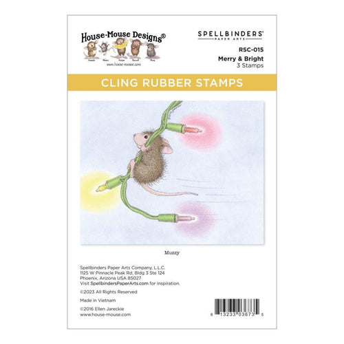 Spellbinders - House Mouse - Cling Rubber Stamp - Merry & Bright. Mischievous Muzzy is up to something with that string of lights, but it is the perfect complement to the two included holiday greetings in the set. Available at Embellish Away located in Bowmanville Ontario Canada.