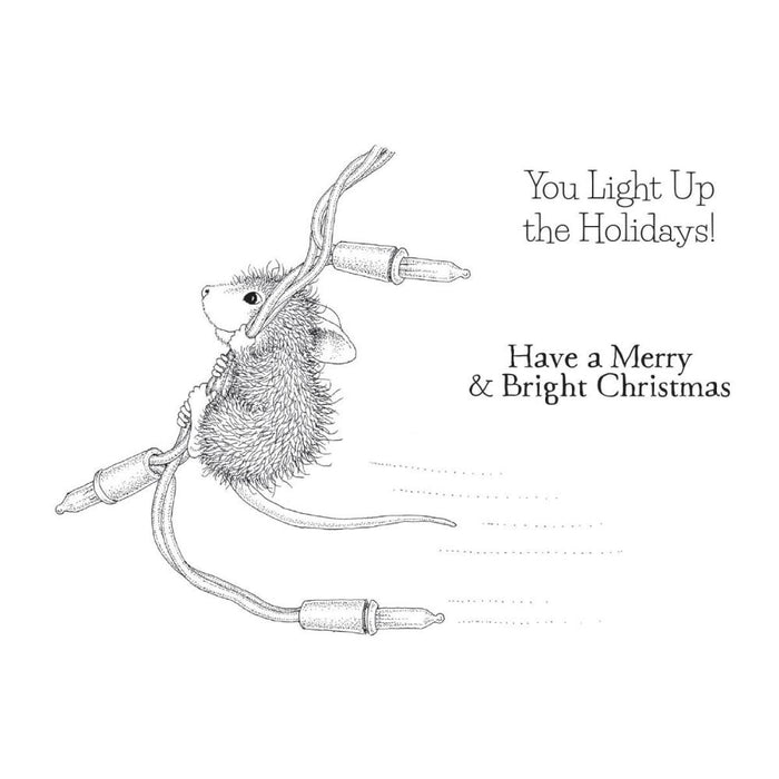Spellbinders - House Mouse - Cling Rubber Stamp - Merry & Bright. Mischievous Muzzy is up to something with that string of lights, but it is the perfect complement to the two included holiday greetings in the set. Available at Embellish Away located in Bowmanville Ontario Canada.