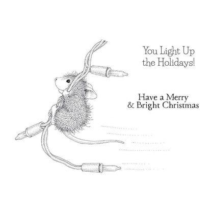 Spellbinders - House Mouse - Cling Rubber Stamp - Merry & Bright. Mischievous Muzzy is up to something with that string of lights, but it is the perfect complement to the two included holiday greetings in the set. Available at Embellish Away located in Bowmanville Ontario Canada.