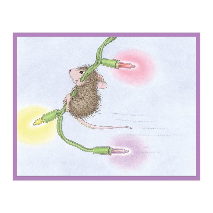 Spellbinders - House Mouse - Cling Rubber Stamp - Merry & Bright. Mischievous Muzzy is up to something with that string of lights, but it is the perfect complement to the two included holiday greetings in the set. Available at Embellish Away located in Bowmanville Ontario Canada. Example by brand ambassador.