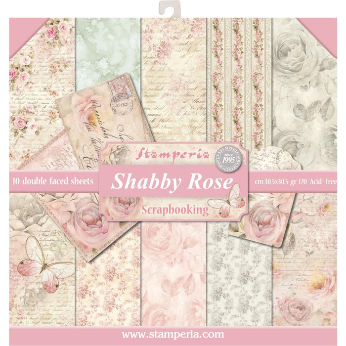 Stamperia - Double-Sided paper Pad 12"X12" - 10/Pkg - Shabby Rose. Available in a variety of designs, each sold separately. Contains ten sheets of 12x12 inch sheets of double sided paper, each with a different design. Acid free. Available at Embellish Away located in Bowmanville Ontario Canada.