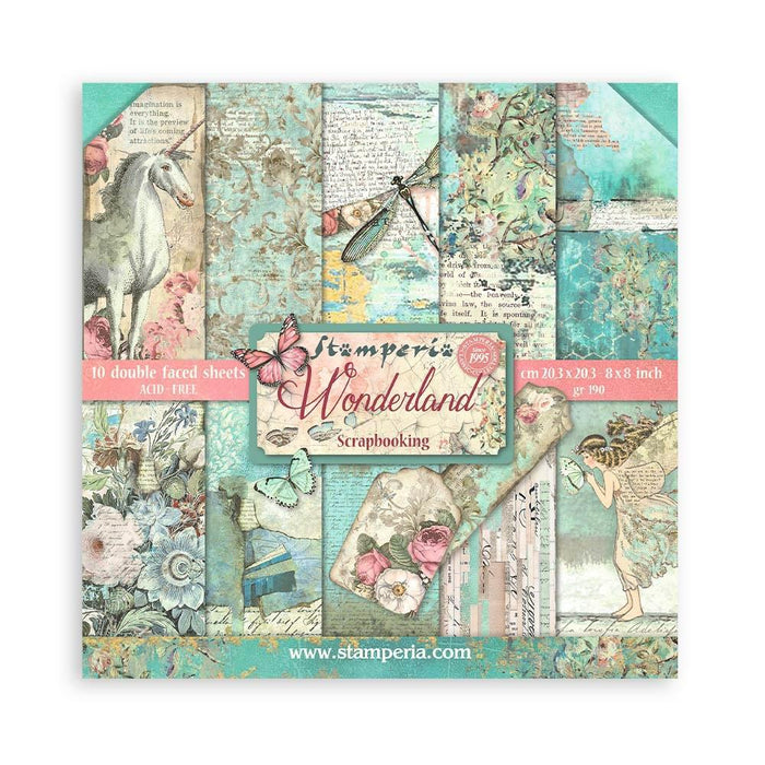 Stamperia - Double-Sided Paper Pad 8"X8" - 10/Pkg - Wonderland, 10 Designs/1 Each.  Available in a variety of designs, each sold separately. Contains ten 8x8 inch sheets of double-sided paper, each with a different design. Acid free. Available at Embellish Away located in Bowmanville Ontario Canada.