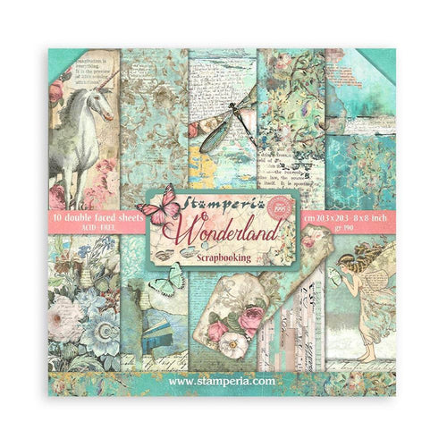 Stamperia - Double-Sided Paper Pad 8"X8" - 10/Pkg - Wonderland, 10 Designs/1 Each.  Available in a variety of designs, each sold separately. Contains ten 8x8 inch sheets of double-sided paper, each with a different design. Acid free. Available at Embellish Away located in Bowmanville Ontario Canada.