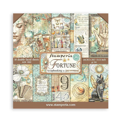 Stamperia - Double-Sided Paper Pad 8"X8" - 10/Pkg - Fortune. The perfect start to cards, scrapbooks, cards and more! This package contains ten 8x8 inch double-sided sheets with a different design on each side. Imported. Available at Embellish Away located in Bowmanville Ontario Canada.