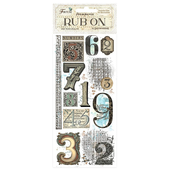 Stamperia - Rub-On 4"X8.5" - Fortune Numbers. These transfers are easy to use rub-on transfers that release onto a wide variety of surfaces allowing for a multitude of decor, furniture and multi-media uses. Available at Embellish Away located in Bowmanville Ontario Canada.