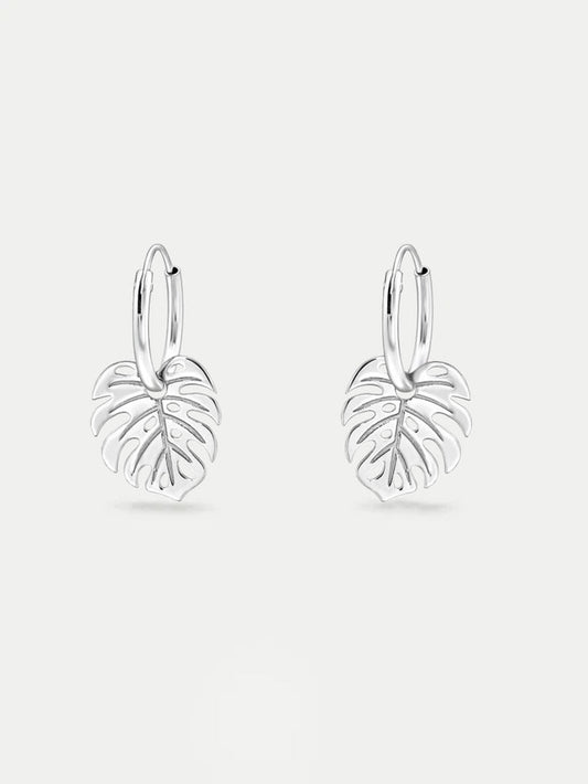 Sterling Silver Monstera Leaf Ear Hoops | Silver-Image 1