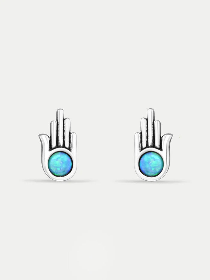 Sterling Silver Opal Hamsa Stud Earrings | Silver-Image 1