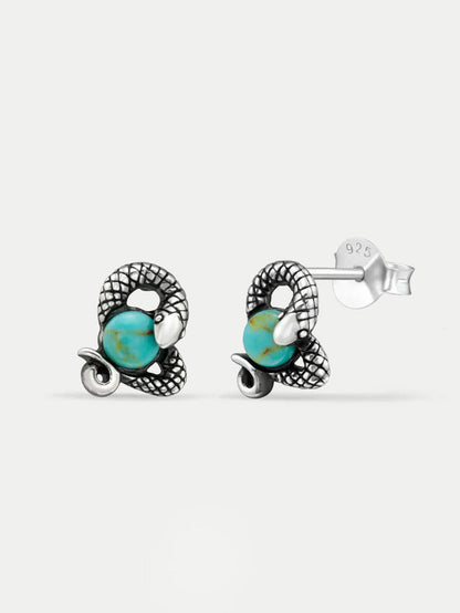 Sterling Silver Snake and Stone Stud Earrings | Silver-Image 2