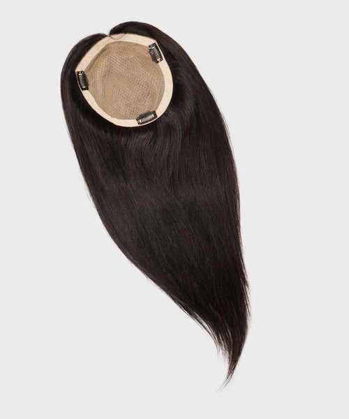 The Perfect Locks Straight Human Hair Crown Topper in natural black with mesh base and three black snap clips on a white background.#color_natural-black-(1B)
