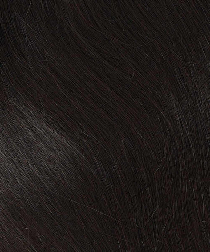 Close-up of natural black, straight hair with fine strands and natural shine, showcasing Perfect Locks' Straight Human Hair Crown Topper.#color_natural-black-(1B)