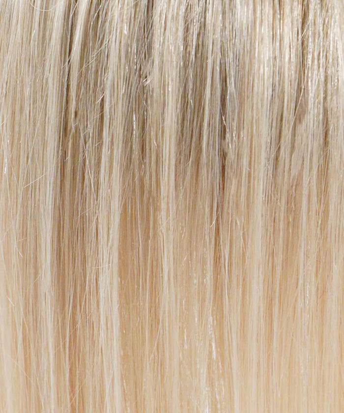 Close-up of straight, shiny rooted ash blonde strands with visible texture and individual hairs, ideal for a hair crown topper.#color_rooted-ash-blonde-(8/60)
