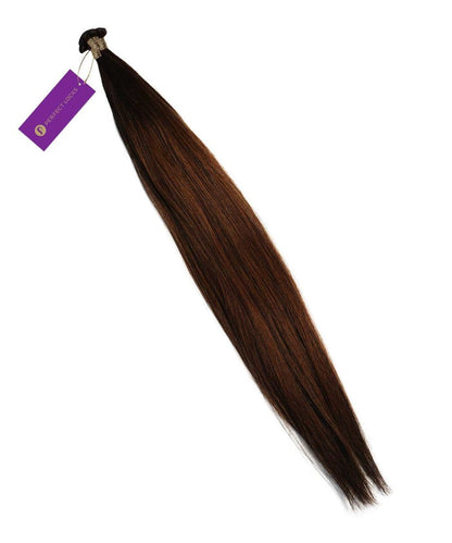 A long, straight bundle of Perfect Locks Straight Hybrid Weft Hair Extensions in Natural Black , secured with a band and a purple tag.#color_rooted-chocolate-golden-brown-(2/6)