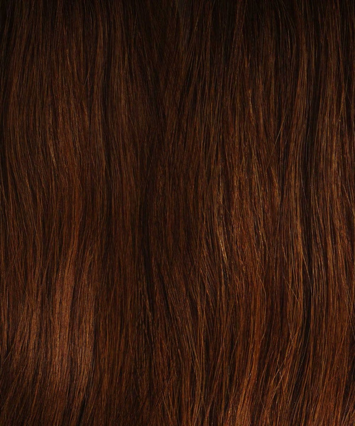 Close-up of long, straight, shiny chocolate brown hair with subtle highlights and smooth texture, enhanced by hybrid weft extensions.#color_rooted-chocolate-golden-brown-(2/6)