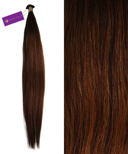 Perfect Locks Straight Hybrid Weft Hair Extensions in Chocolate Brown  feature long, straight Remy hair with subtle reddish undertones, displayed in full length and close-up to highlight the natural texture and rich color.#color_rooted-chocolate-golden-brown-(2/6)