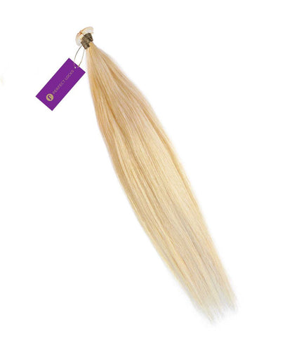 A bundle of Perfect Locks Straight Hybrid Weft Hair Extensions in Golden Brown  secured with a band and purple tag. The smooth Remy human hair tapers toward the ends.#color_platinum-blonde-(613)