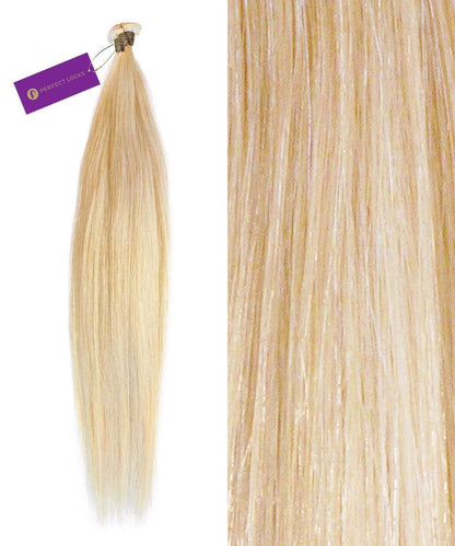 A bundle of Perfect Locks Straight Hybrid Weft Hair Extensions in Golden Brown  with a purple tag is on the left, while a close-up on the right showcases the smooth texture and golden tones of these human hair extensions.#color_platinum-blonde-(613)