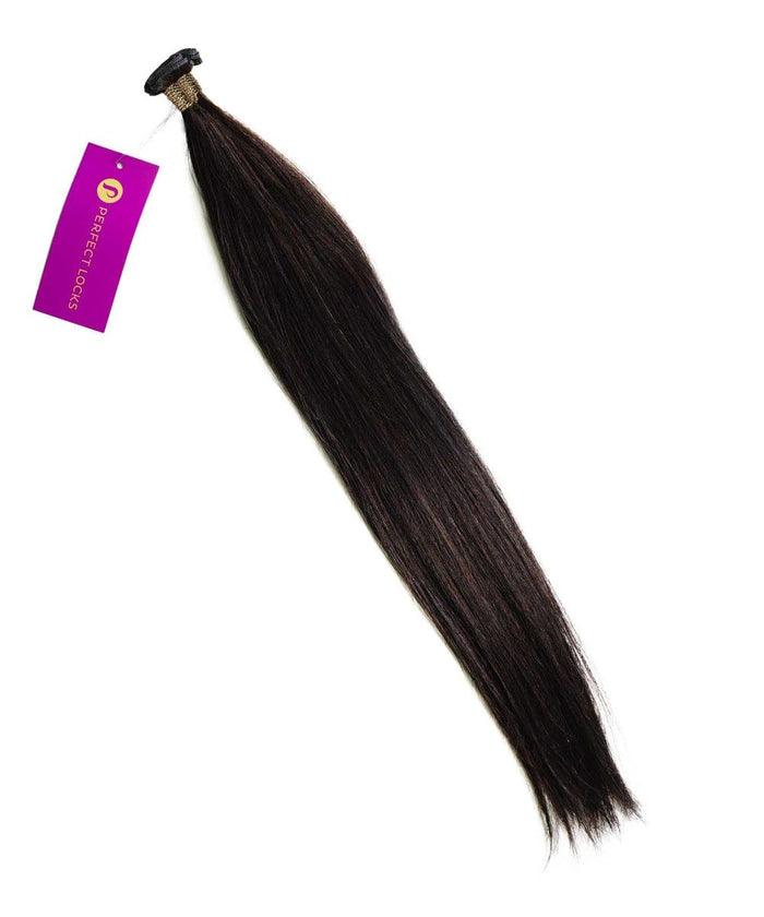 A long, straight honey blonde  Straight Hybrid Weft Hair Extension by Perfect Locks with a branded tag near the top on white background.#color_natural-black-(1B)