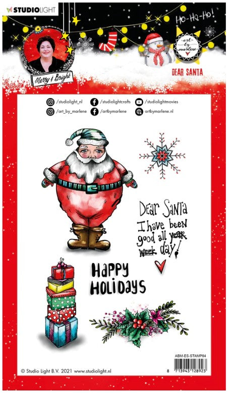Studio Light - ABM Clear Stamp - Christmas Dear Santa - Essentials - 148x210x1mm - 1 PC - nr.84. This clear stamp set features Santa Claus, presents, a snowflake and garland. 6 stamps. Size: 5.8x8.3 in. Available at Embellish Away located in Bowmanville Ontario Canada.