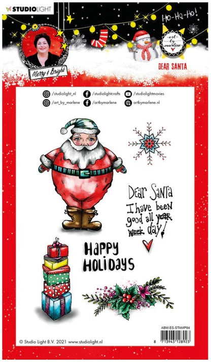 Studio Light - ABM Clear Stamp - Christmas Dear Santa - Essentials - 148x210x1mm - 1 PC - nr.84. This clear stamp set features Santa Claus, presents, a snowflake and garland. 6 stamps. Size: 5.8x8.3 in. Available at Embellish Away located in Bowmanville Ontario Canada.