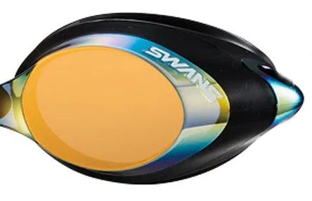 Swans SRX mirrored prescription goggles with black frames, featuring clear lenses designed for enhanced vision and style.