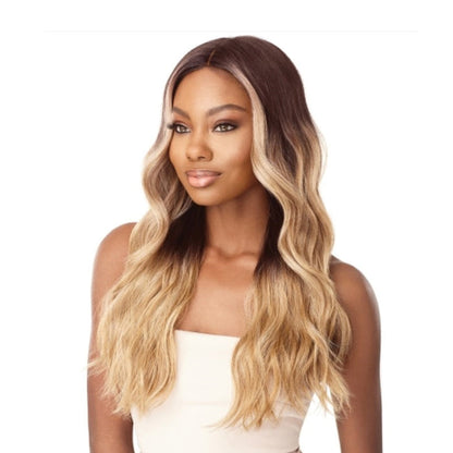 OUTRE lace front synthetic wig 20 inch long wavy ombre brown to blonde with center part