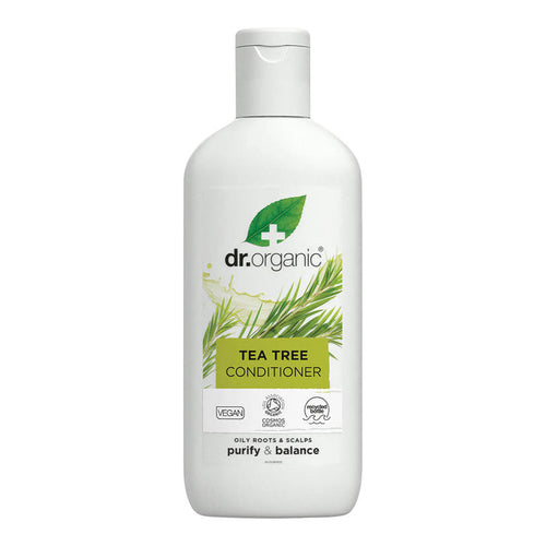 265ml bottle Dr. Organic Tea Tree Conditioner formulated with natural ingredients and purifies the hair.