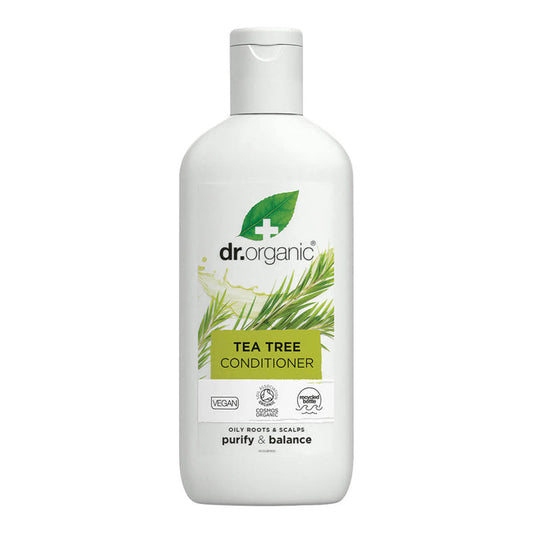 265ml bottle Dr. Organic Tea Tree Conditioner formulated with natural ingredients and purifies the hair.