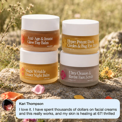 Frøya Organics Complete Mature Skin System — four balm jars outdoors with customer review